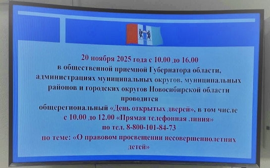 20.11.2025  в общественной приемной Губернатора области проведены общерегиональный «День открытых дверей» и «прямая телефонная линия» по теме: «О правовом просвещении несовершеннолетних детей», посвященные Всероссийскому Дню помощи детям.